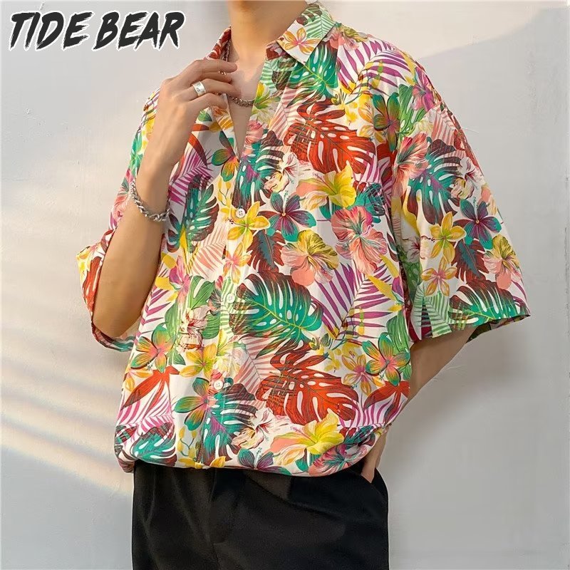 TIDE BEAR Men's Resort Style Hawaiian Short Sleeve Shirt Loose V-neck casual shirt ราคา 187 บาท*ส่งฟรี