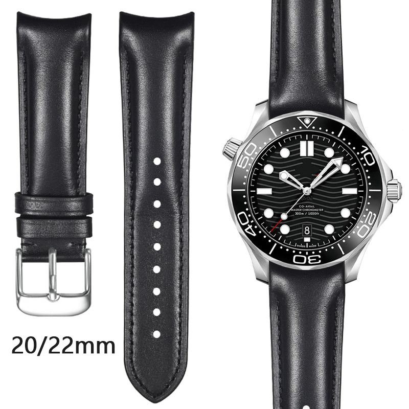 Đen da bò dây đeo bằng da chính hãng 20mm 22mm người đàn ông ARC đầu cong Đồng hồ chống nước dây đeo vòng tay cho moonswatch Omega Seamaster 300 
