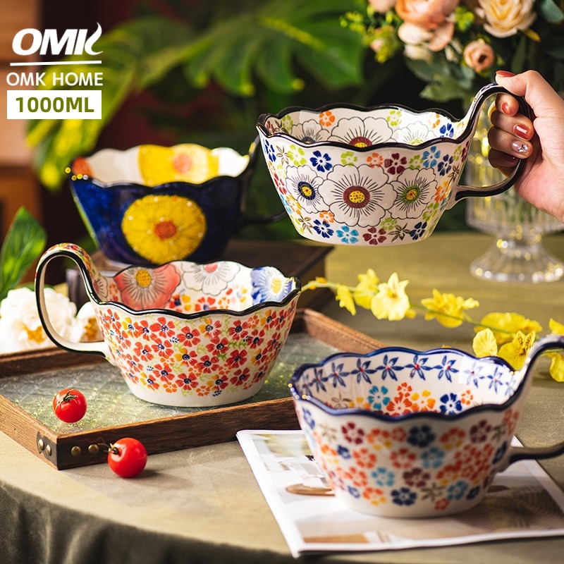 OMK Polish Style Hand Painted 1000ML Salad bowl with handle breakfast cup Ceramic Mug