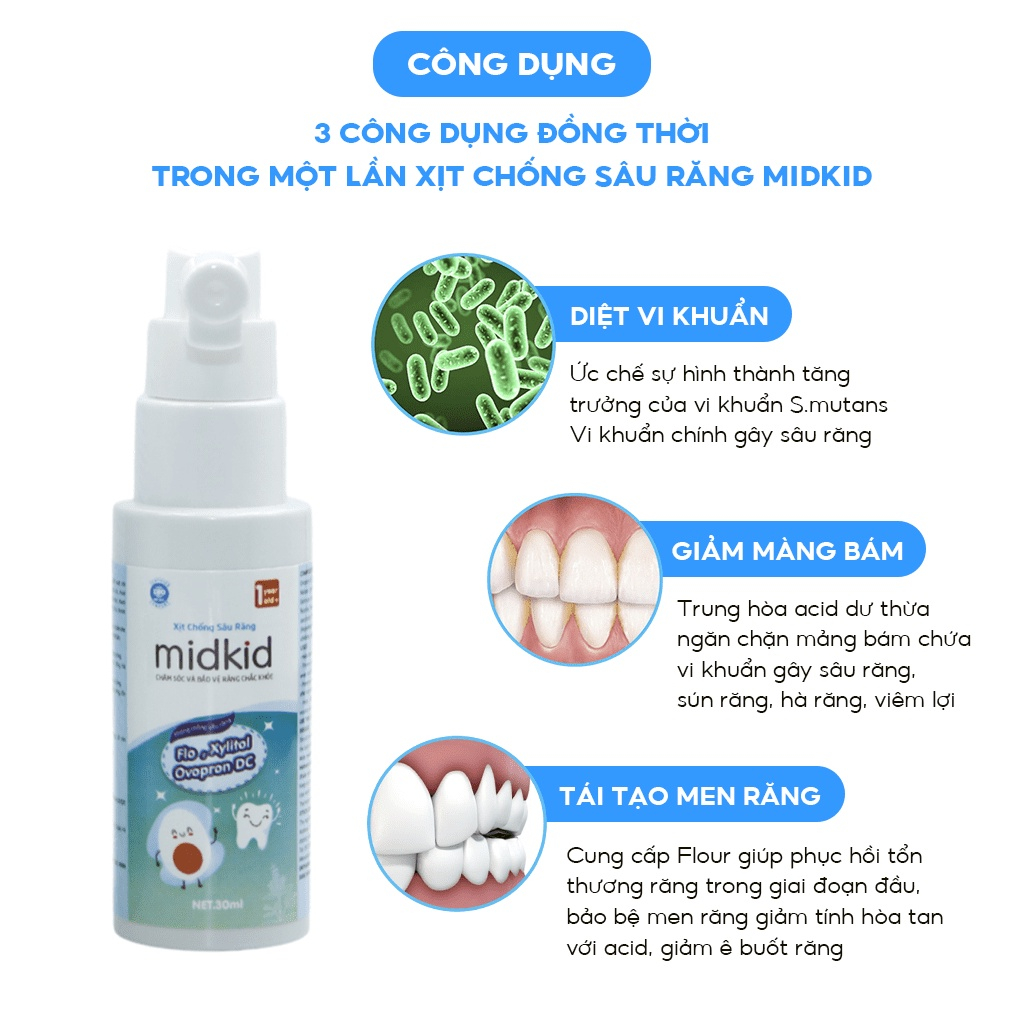 Xịt chống sâu răng Midkid, bảo vệ men răng, giảm hôi miệng