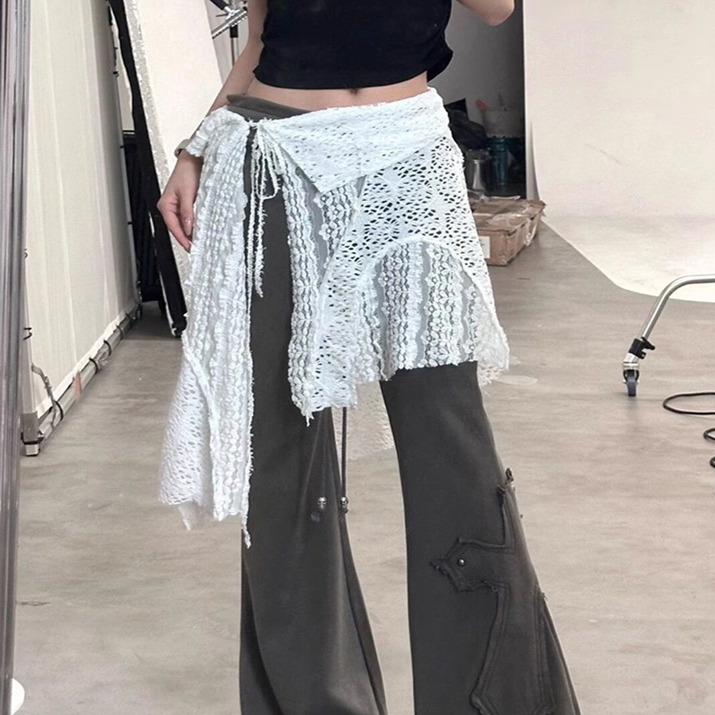 📌Lan Lace-up Hollow-OUT ผ้ากันเปื้อนลูกไม้ผู้หญิง Layered Gauze กระโปรงผ้าม่านสีขาว Jacquard กระโปรง ราคา 148 บาท*ส่งฟรี