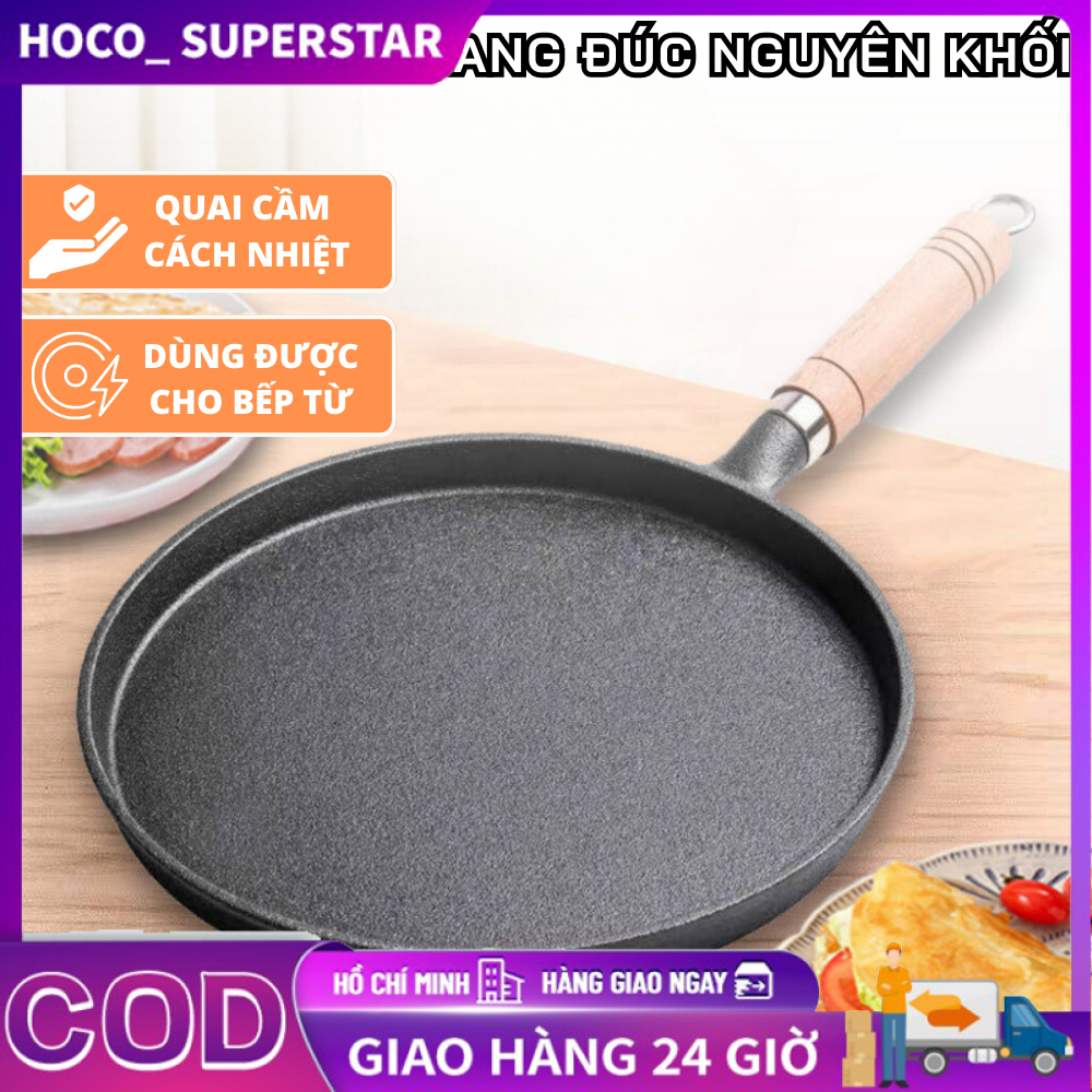Chảo gang phẳng 26cm chống dính tự nhiên - dùng làm bánh kếp, bít tết, nướng, chiên