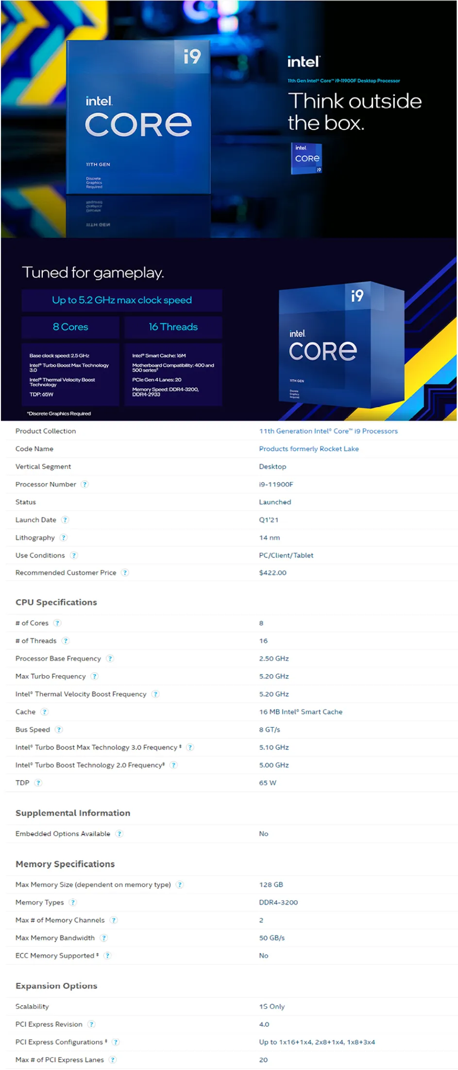 Intel Core i9-11900F 8-Core 16-Thread 2.5GHz (5.2GHz Turbo) 16MB