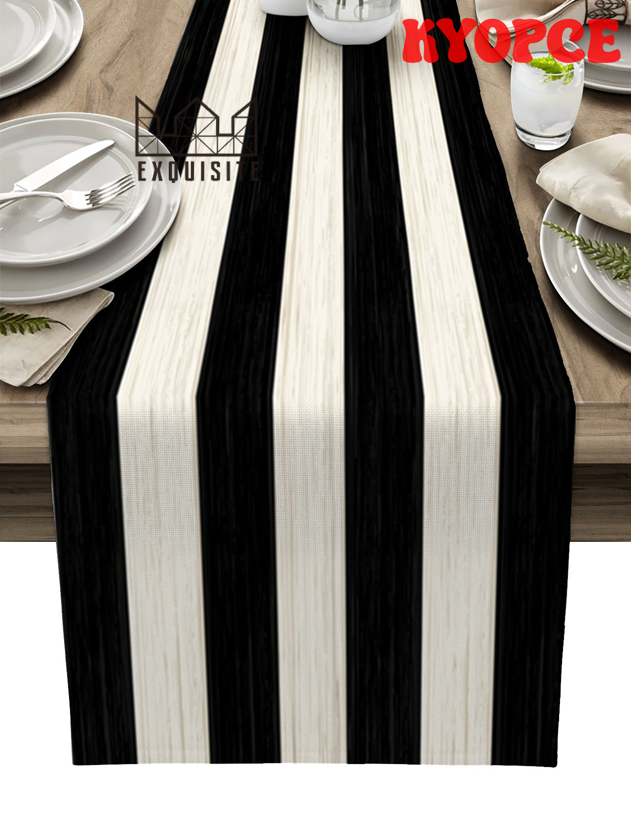 [KYOPCE] Wood Grain Black And White Stripe Table Runner Home Wedding Table Flag Mat Centerpieces Decoration Party Dining Long Tablecloth ราคา 1,067 บาท*ส่งฟรี