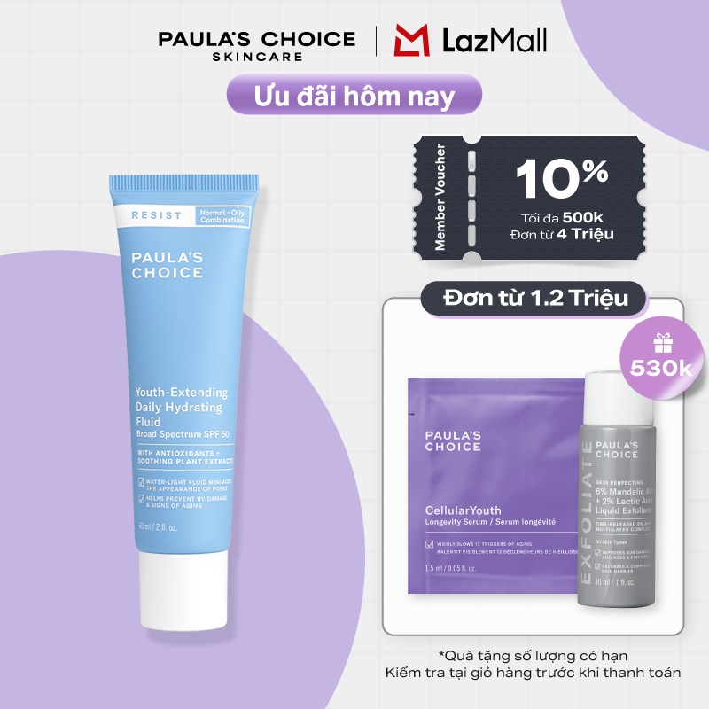 Kem chống nắng phổ rộng bảo vệ dài lâu Paula's Choice Resist Youth-Extending Daily Mattifying Fluid SPF 50 60ml Mã 7800