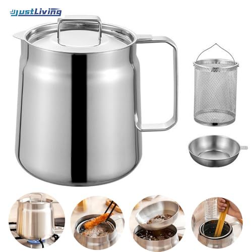 JustLiving 1.5L/2L Oil Filter Tank with Lid, 304 Stainless Steel Oil Strainer Pot Large Capacity Bacon Grease Container Oil Filter Vessel with Strainer for Oil Storage Oil Pot with Curved Handle for Frying and Cooking Grease ราคา 847 บาท*ส่งฟรี