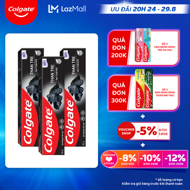 [Ưu đãi 20H 24.8 - 29.8_Áp voucher Colgate 5% + voucher LZD 8%]Bộ 3 Kem đánh răng Colgate thiên nhiên khử mùi diệt khuẩn từ Than tre Hàn Quốc & bạc hà 180g/ tuýp