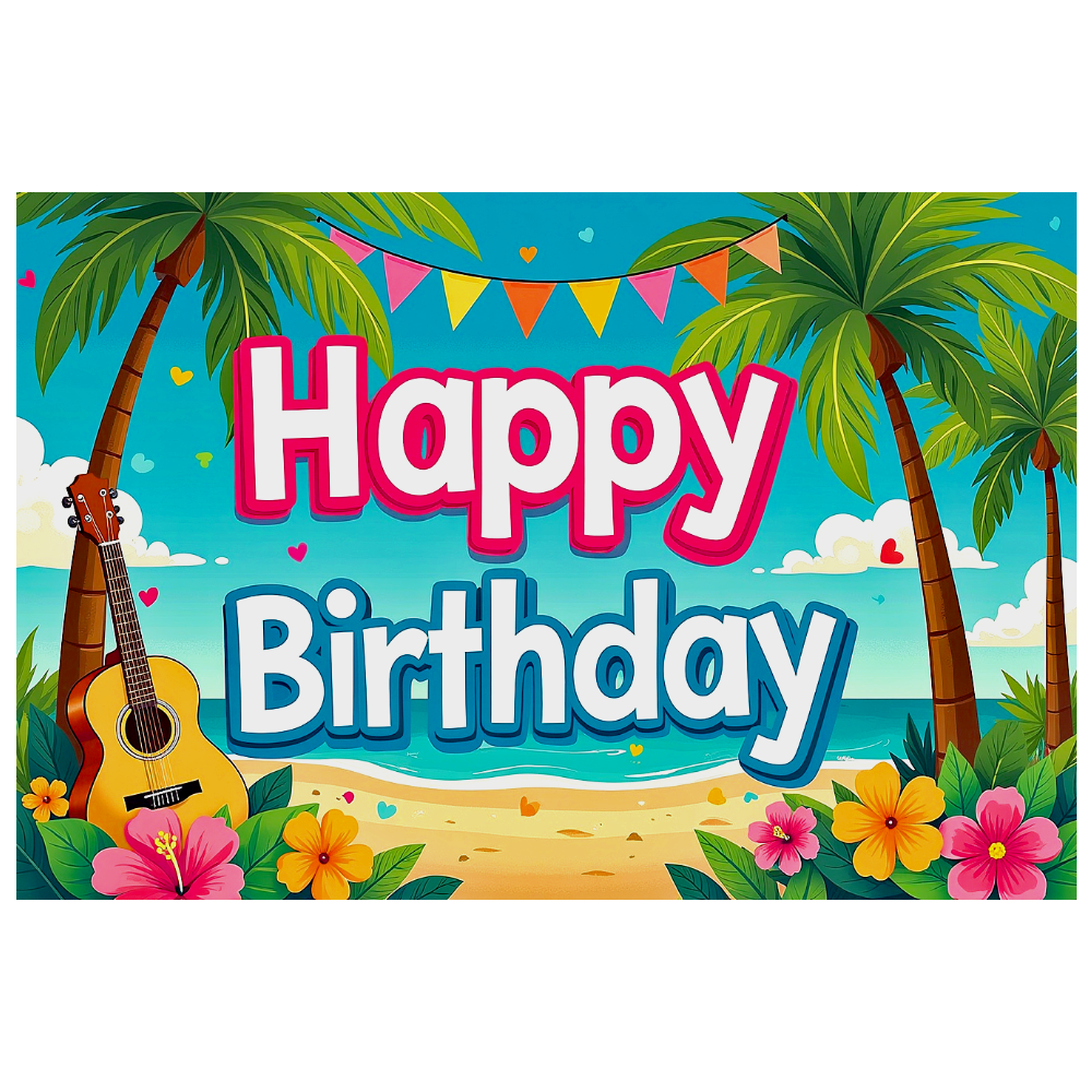 Happy Birthday Backdrop Banner with Palm Guitar and Flowers Party Decoration for Birthday Party Photography Props Outdoor Celebrations Tropical Themed