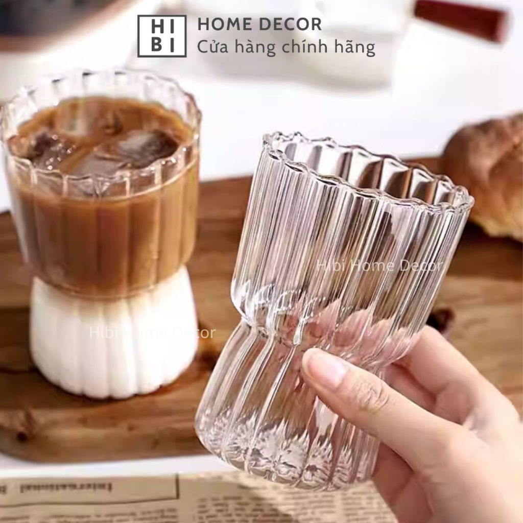 Ly Thủy Tinh Trong Suốt Mỏng Nhẹ Chịu Nhiệt Tốt 325ml, Cốc Họa Tiết Sọc Đựng Cà Phê, Pha Chế Nước Uống - Hibi
