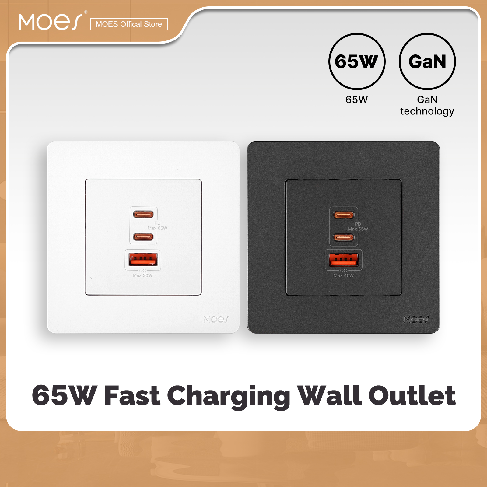 MOES Star Ring Series 65W Fast Charging PD3.0 Wall Electrical Outlet Charger GaN Socket 3 Ports Type-C USB A OverTemp Protection ราคา 1,499 บาท*ส่งฟรี