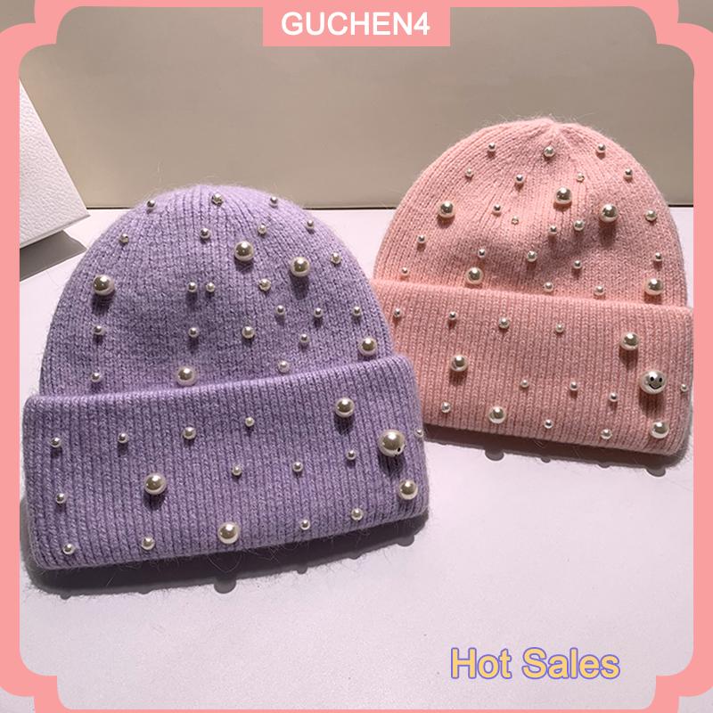 GUCHEN4🎀 Mũ len ngọc trai hạng nặng mùa thu và mùa đông mới mũ dệt kim thời trang ngọc trai bảo vệ tai ấm áp