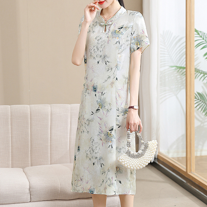 👗Đầm mùa hè cho phụ nữ trung niên sườn xám cách tân phong cách dân tộc váy hoa phong cách phương Tây