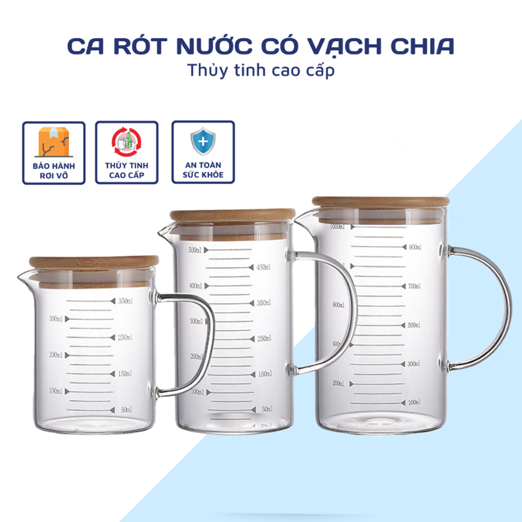 Cốc đong thuỷ tinh chia vạch Ca đong định lượng nắp gỗ Ly đong thủy tinh chịu nhiệt Pha cà phê