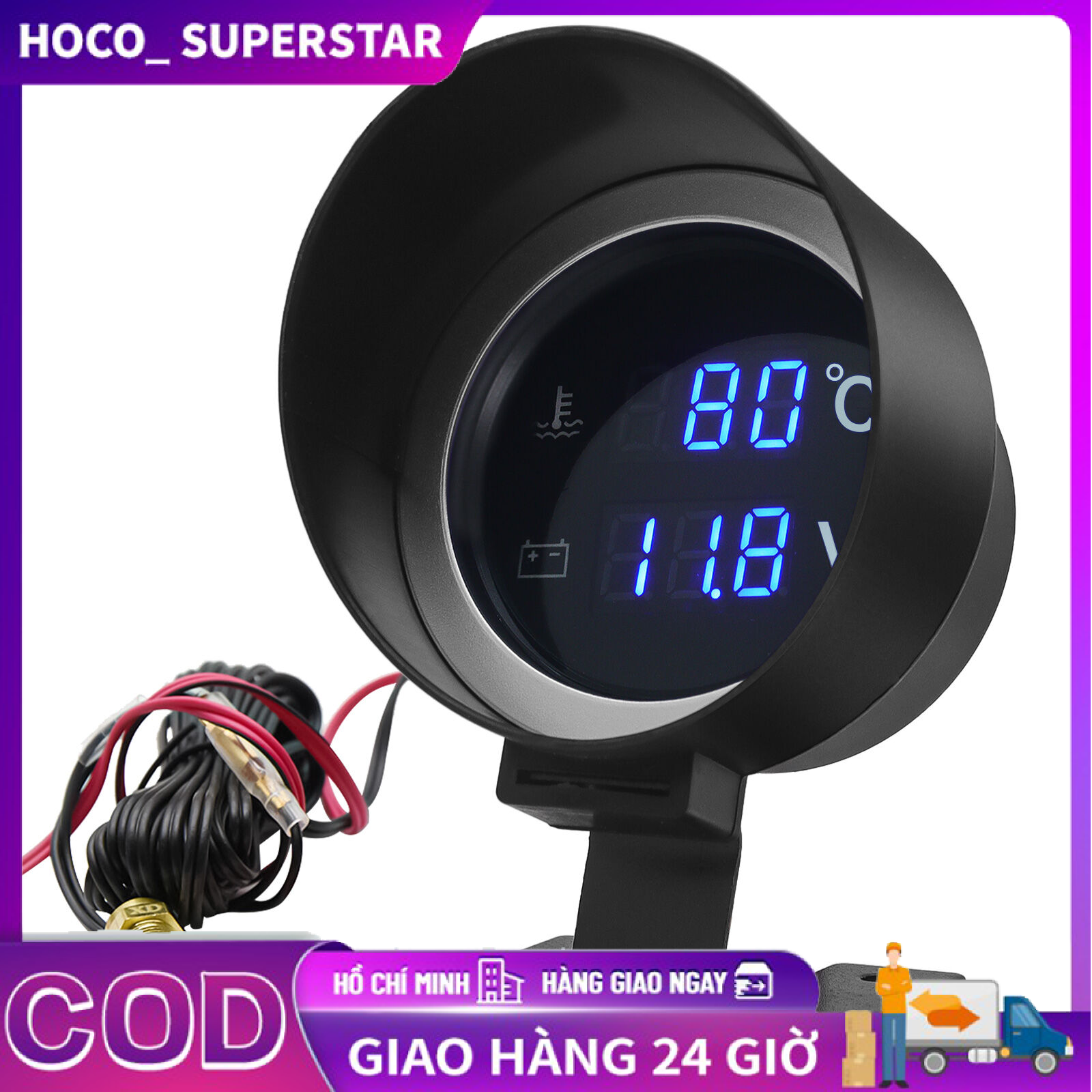 Đồng Hồ Đo Nhiệt Độ Nước Kỹ Thuật Số LED 2 Trong 1, Đồng Hồ Đo Điện Áp Tròn Kèm Cảm Biến Nhiệt Độ Và Bộ Chuyển Đổi Ống Nối Két Nước 1/8NPT Cho Xe 12V/24V