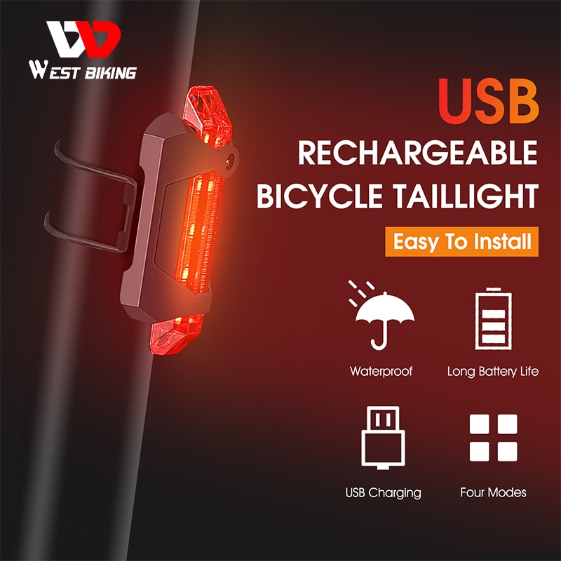 WEST BIKING USB Rechargeable Waterproof Bicycle Rear Light LED Tail Light