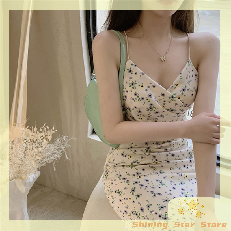Shining Star Store sẵn sàng chuyển hàng Đầm áo hai dây không tay mùa hè cho nữ thanh thiếu niên Đầm maxi cổ điển thời trang in hoa ôm sát hoa gợi cảm phong cách Pháp Hàng Mới Về