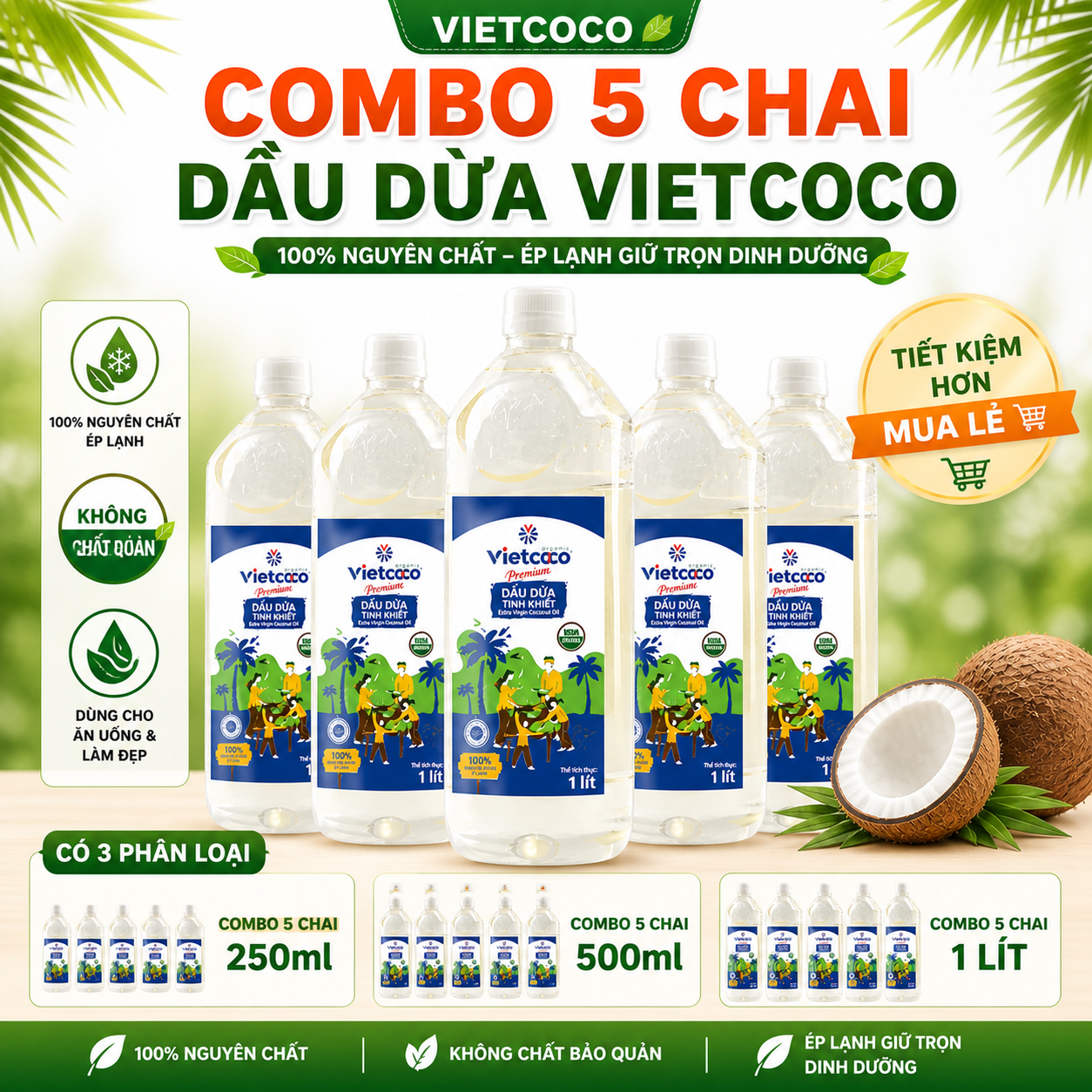 COMBO 5 Chai Dầu Dừa Organic Vietcoco – Tinh Khiết, Ép Lạnh, Dưỡng Da & Tóc,Massage,Dưỡng Môi