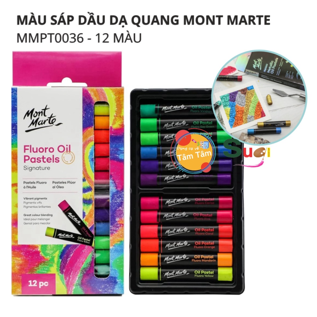 Màu Sáp Dầu Dạ Quang Phát Sáng Mont Marte - Fluoro Oil Pastels MMPT0036 12 Màu