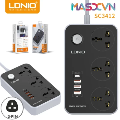 LDNIO SC3412 38W PD20W Power Strip 2-Meter Wall Extension Plug Cord with 3 Socket Outlets and 3 QC 3.0 USB