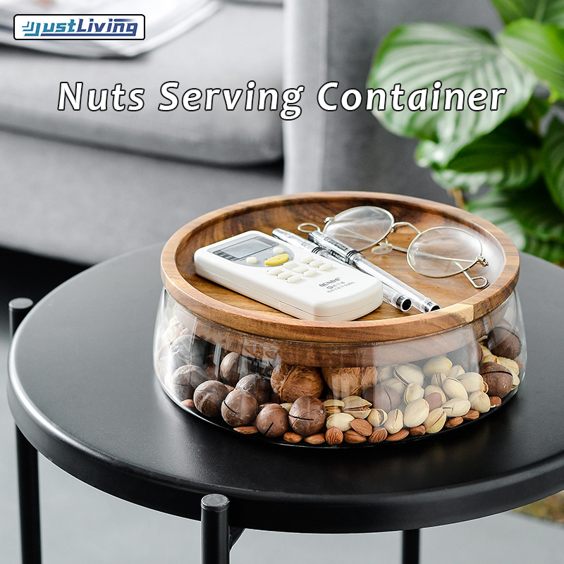 JustLiving Food Container Glass Food Storage Containers with Wooden Lid Kitchen Snack Jat Fruit Container Candy Jar Nut Sundries Storage Organizer for Kitchen Round Snack Tray Bread Plates ราคา 645 บาท*ส่งฟรี