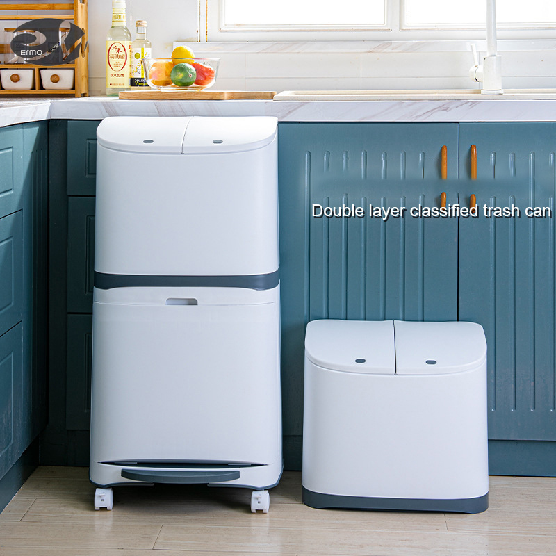 Household dry and wet sorting trash can, kitchen, living room, large-capacity plastic double-layer foot press trash can ราคา 1,497 บาท*ส่งฟรี