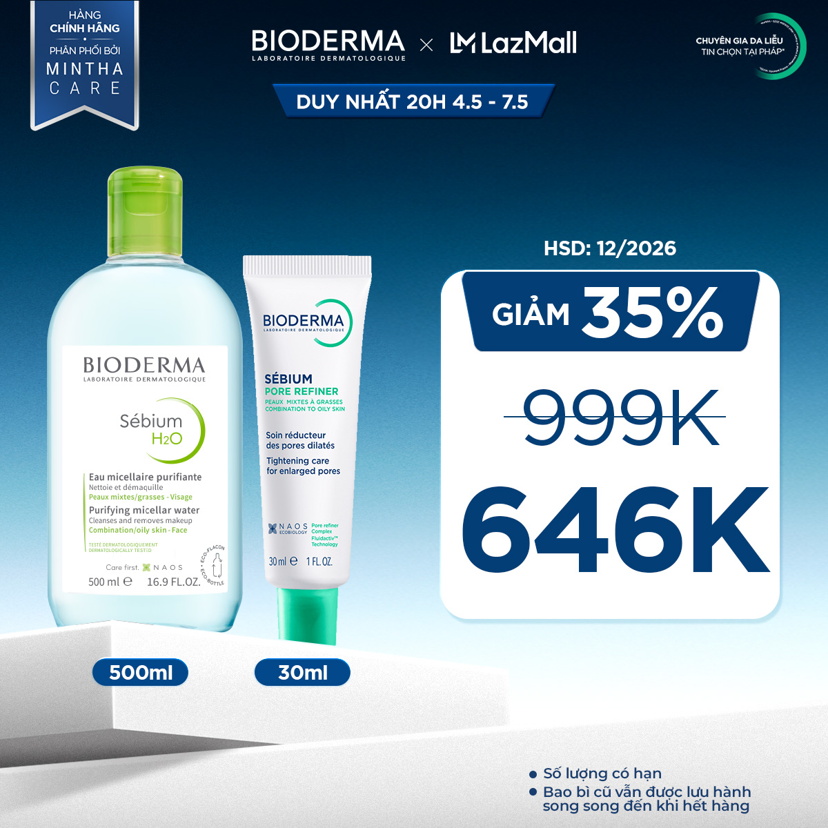 Bộ đôi làm sạch Micellar cho da hỗn hợp và da dầu Bioderma Sebium H2O 500ml và Kem dưỡng se lỗ chân lông Pore refiner 30ml
