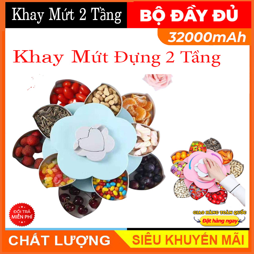 Khay đựng mứt kẹo tự xoay hình cánh hoa 10 ngăn - Hộp đựng bánh mứt cánh hoa sen 2 tầng - Hộp đựng bánh kẹo - Có giá đỡ điện thoại - Khay đựng bánh mứt xuân 2024