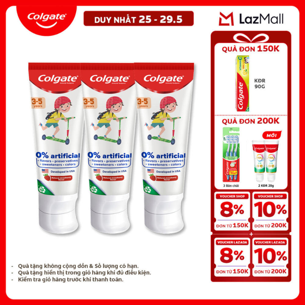 [Chỉ 25-29.5_X2 Voucher giảm 20%] Bộ 3 Kem đánh răng Colgate Kid Free From cho trẻ em 3-5 tuổi không hương liệu và chất bảo quản 80g/tuýp