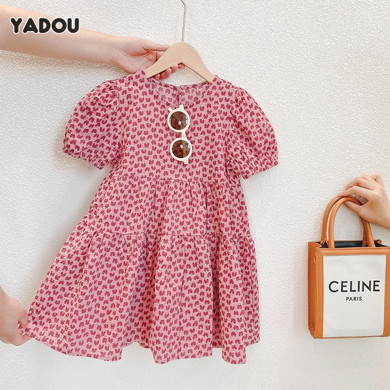 YADOU Children's dress girl's love floral dress small and medium girl baby short-sleeved puff sleeve princess dress ราคา 208 บาท*ส่งฟรี