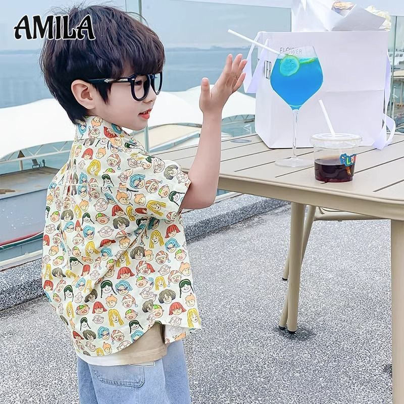 AMILA Boy's Short-Sleeved Shirt Summer Internet Celebrity Baby Stylish Shirt Baby Boy Hong Kong Style Top Handsome Jacket ราคา 159 บาท*ส่งฟรี