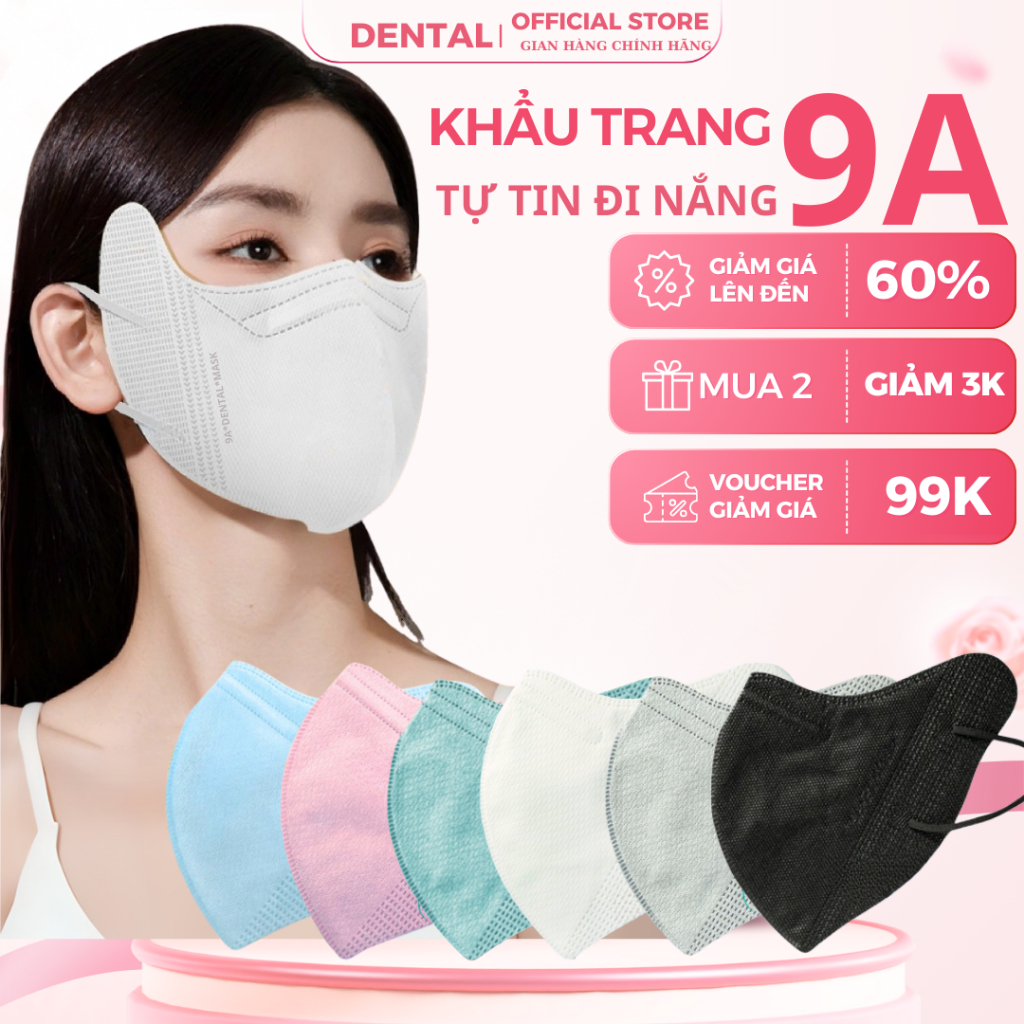 Thùng 200 cái Khẩu trang 9A DENTAL NGƯỜI LỚN 5 lớp Kháng Khuẩn,Form rộng chống nắng và tia UV