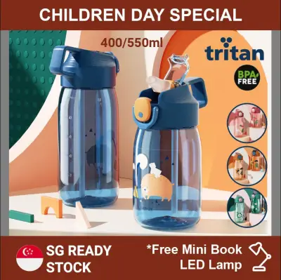 [Children Day Special] Korean Style New Design BPA Free Tritan Material Kids Children Flip Top Sipper Water Bottle 400ml/ 550ml with High Quality Bite Straw for School Colourful Animal Graphic Blue Red Orange Green [Sponge Brush Gift ]