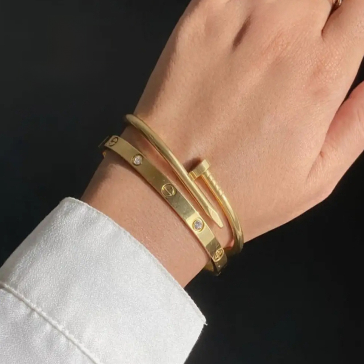 2 Pcs Premium Openable Bracelet Combo for Women – Golden & Silver | Nail Bracelet + Screw Stone Bangle | Stainless Steel Fashion Jewelry
