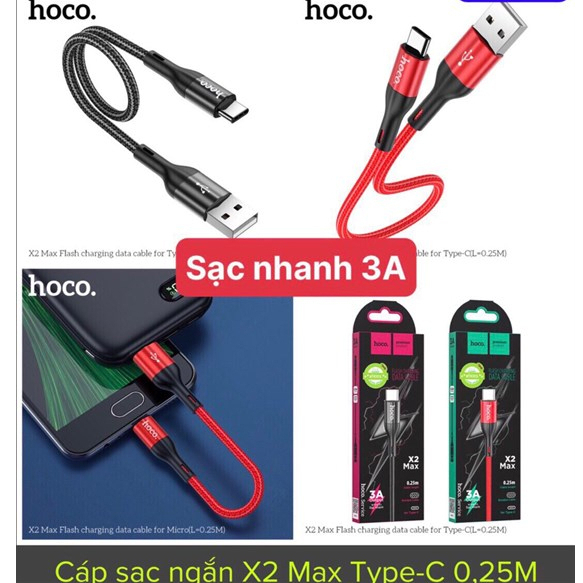 Cáp sạc nhanh ngắn 25cm 3A Hoco X2 Max Type C, Micro dây dù truyền dữ liệu cho Android pin sạc dự phòng điện thoại