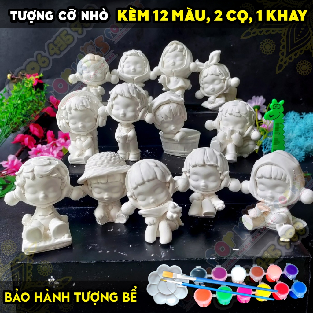 Tượng tô màu SET 15 TƯỢNG SKULLPANDA ĐÓN NẮNG 3D size S KÈM 12 MÀU 2 CỌ 1 KHAY tô tượng thạch cao