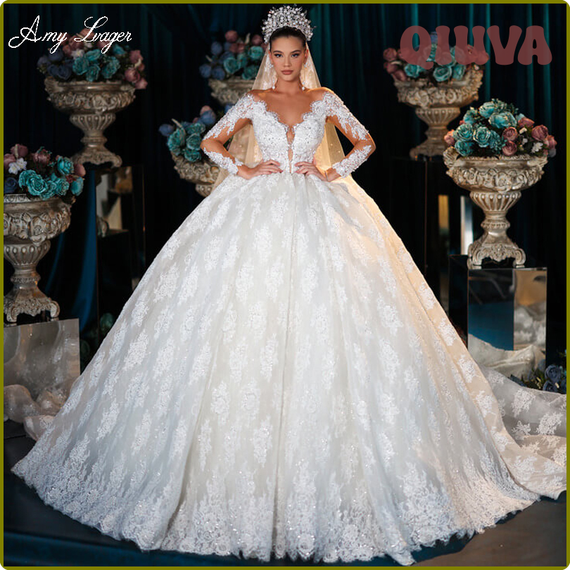 QIUVA Romantic Scoop Neck Long Sleeve Beading Ball Gown Wedding Dresses 2024 Gorgeous Appliques Lace Court Train Princess Bridal Gown ABCGH