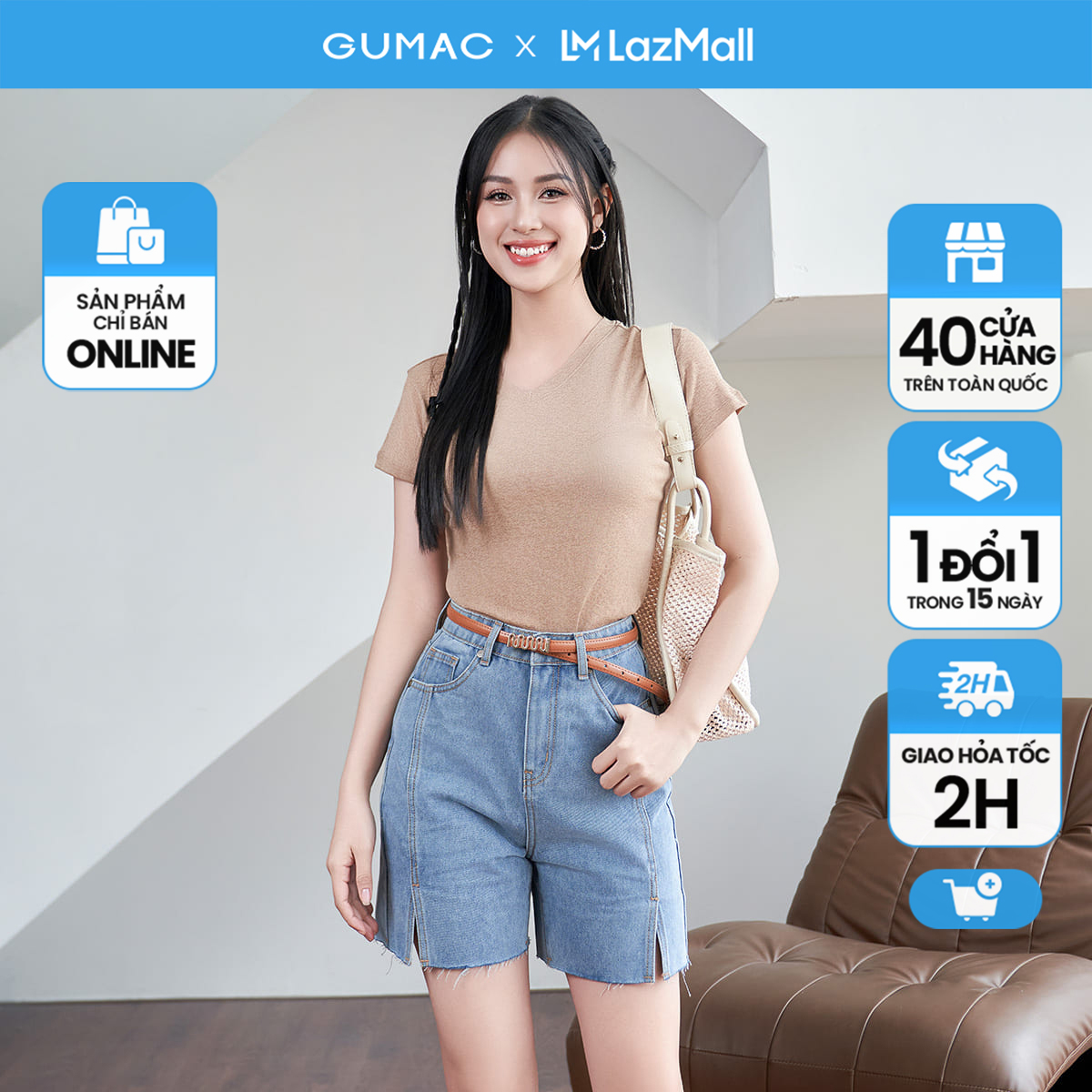 Quần short jeans xẻ lai thời trang gumac she04023