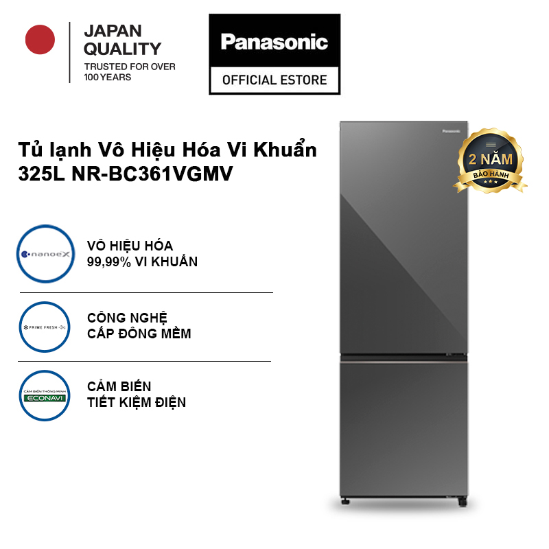 [ Chỉ giao miền Bắc] [TRẢ GÓP 0%] Tủ lạnh Panasonic 325 lít NR-BC361VGMV Đông mềm Mặt gương Ngăn đá dưới nanoe™ X