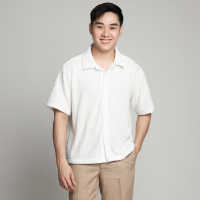 EL FELIPE Ulises Men Oversized Ultra Boxy Cropped Stretch Button-Down Polo in White