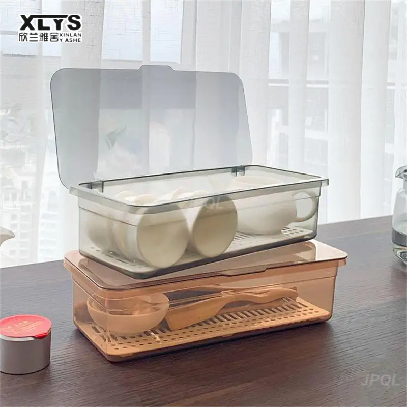 XINLANYASHE Hộp lưu trữ Bộ ấm trà hộ gia đình hai tầng hộp lưu trữ Máy tính để bàn hộp lưu trữ chống bụi có nắp hộp lưu trữ nhà bếp khay giá thoát nước