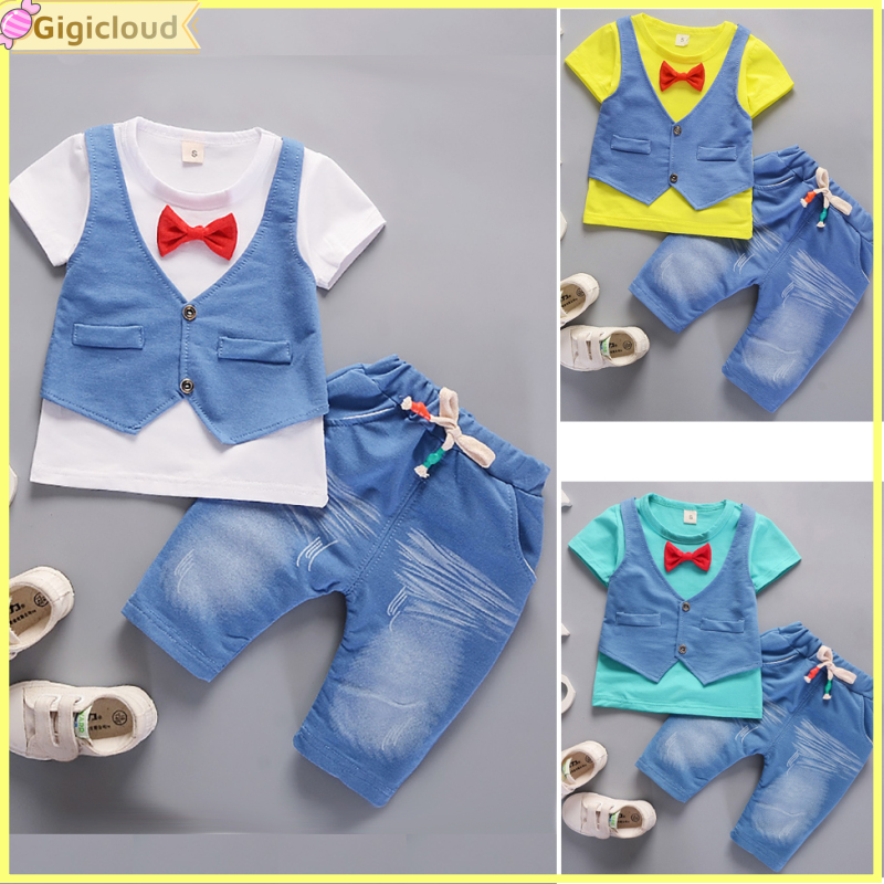 Gigicloud Boys Round Neck Bow Tie Vest T-Shirt + Denim Shorts 2PCS/Suit ราคา 219 บาท*ส่งฟรี