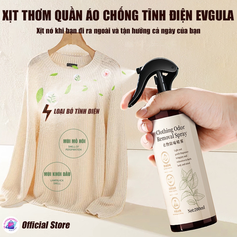 Xịt thơm quần áo chống tĩnh điện EVGULA 200ml – chiết xuất tự nhiên, làm mềm vải, giữ hương lâu dài