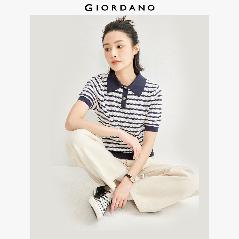 GIORDANO Women Polo Shirts Stripe Summer Knit Polo Shirts Short Sleeve Flower Buttons Fashion Casual