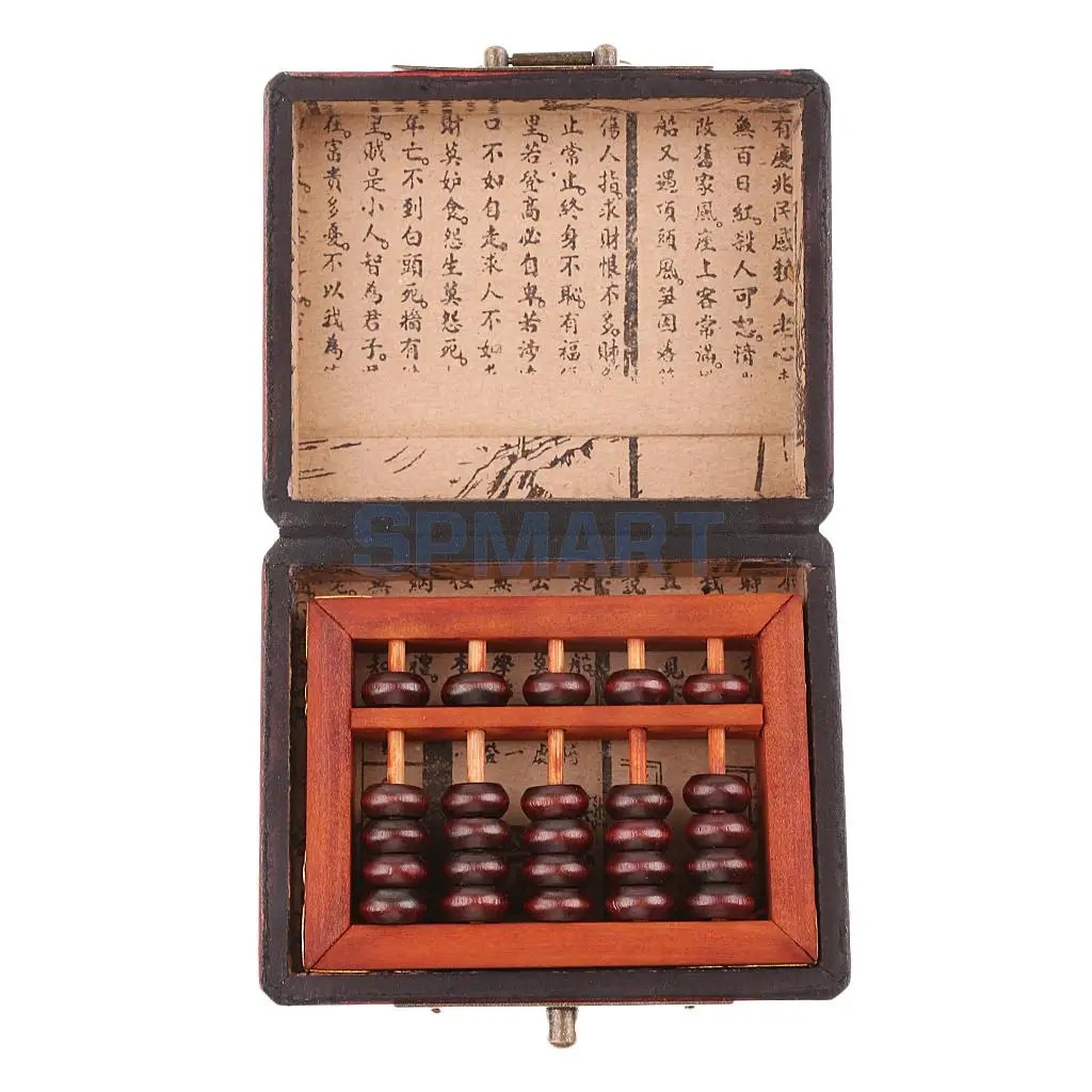 5 Rows Vintage Chinese Wooden Arithmetic Abacus With Box Classic Ancient