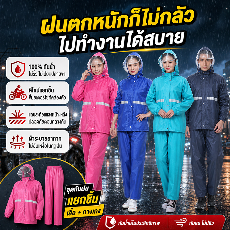 เสื้อกันฝนสองชิ้นสำหรับมอเตอร์ไซค์ กันน้ำ 100% กันลมกันฝนได้ดี สีสดใสทำวันฝนสดใสขึ้น เสื้อกันฝนแฟชั่นไม่เป็นที่น่าเบื่อ ราคา 98 บาท*ส่งฟรี
