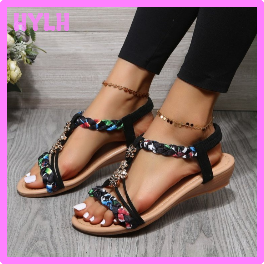 HOT@^-^@ 2023 Summer Women Sandals Soft Comfortable Wedge Shoes Ladies Roman Shoes Flat Pearl Sandals Comfortable Flower Sandals