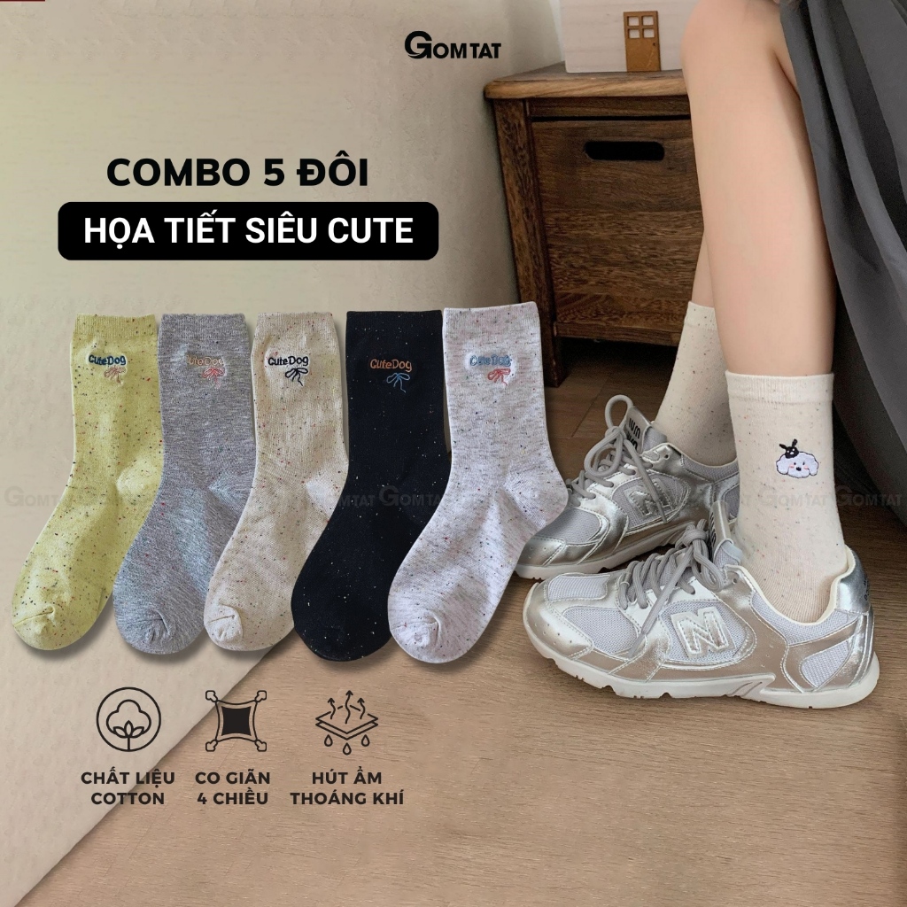  Set 5 đôi vớ nữ cổ cao GOMTAT họa tiết cute tất nữ cotton cao cấp mềm mại êm chân – JIN-2512-CB5 