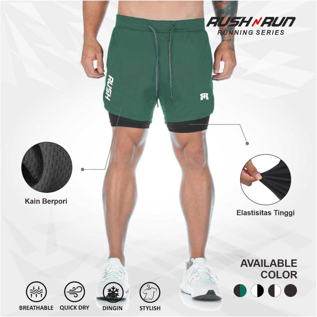 Rush N Run men sport pants 2 in 1 running bottoms gym fitness dry fit army green - Merek Rush n Run Harga 61,000 rupiah*Gratis Ongkir