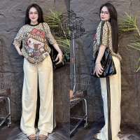 Cartoon Print Two Piece Set Women Leopard Short Sleeve Stripe Wide Leg Pants New Loose Casual Outfit
