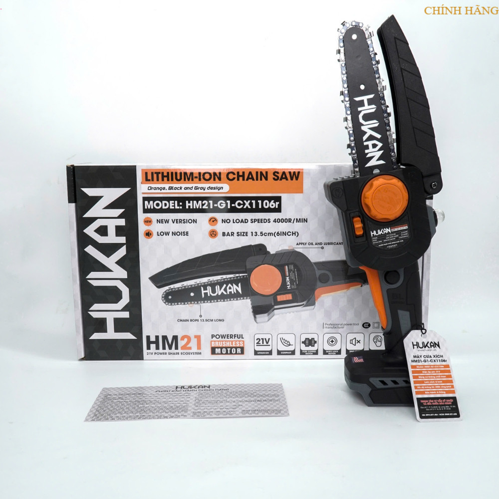 [ Xám] Máy Cưa Xích Pin HUKAN HM21-G1-CX1106r, Chiều dài lam 6 inch - Có Tra Nhớt - Không Chổi Than 